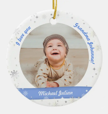Newborn photo Christmas ornament with love for his Nana, personalize with 2 photos, names, and year. With snow and stars