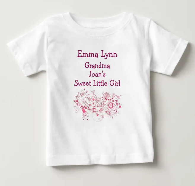 Personalized newborn tee for a baby girl with her name, that of her grandmother, and "sweet little girl" + a fanciful illustration with hearts and flowers