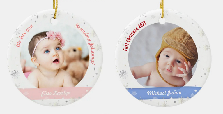 Twin boy and girl First Christmas photo ornament, customize with babies' names and that of their Nana. With snowflakes and stars