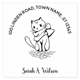 Book rubber stamp with name, address, and an elegant cat