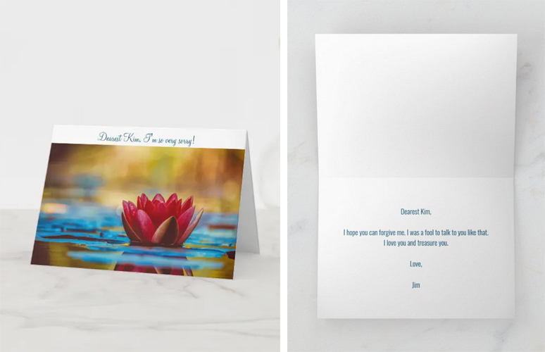 I'm sorry, please forgive me card with a photo of a red water lily