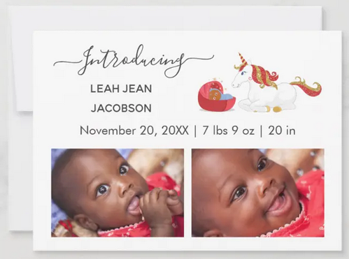 Simple minimalist birth announcement card with 2 custom photos and a drawing of a unicorn next to a chocolate-skinned Brown baby in a bassinet