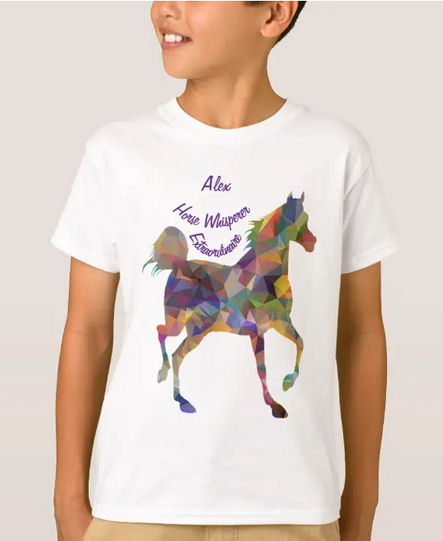 Custom Fancy tee for kids with a stylized horse and the words "Horse Whisperer Extraordinaire" alongside a name