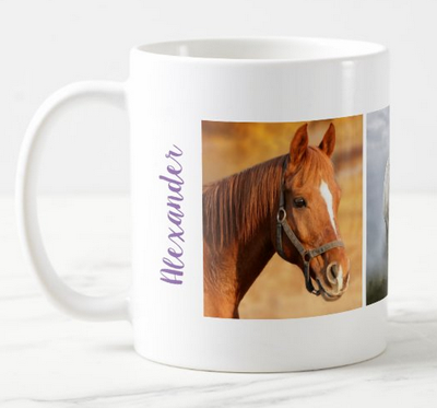 Personalized mug for kids and adults who love horses, with a custom name and a template for 3 personal photos