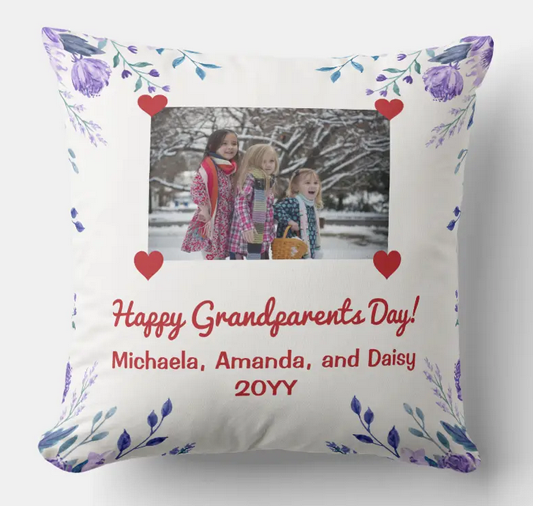 Floral throw pillow for Grandparents Day with a photo and names of grandchildren