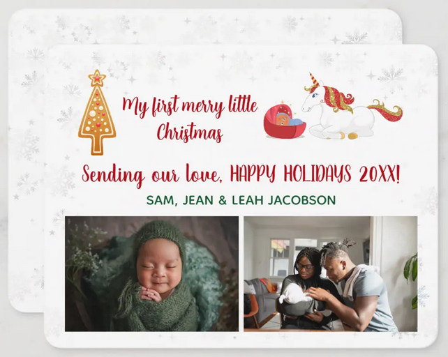 Cute Christmas card announcing the birth of a baby. With a unicorn and a Brown baby with pale hazelnut skin in a bassinet