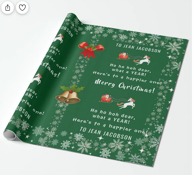 Modern, funny personalized-name Christmas wrapping paper with Ho ho ho dear, what a year, Xmas bells, holly, and snowflakes