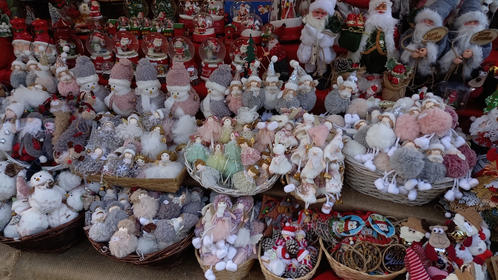Snowmen, angels, and various other dolls at a Christmas Fair in Bucharest
