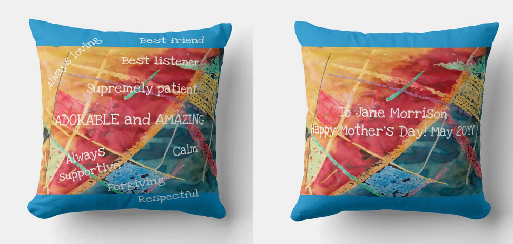 Personalized artistic pillow for Mother's Day, with a watercolor painting and motherly qualities